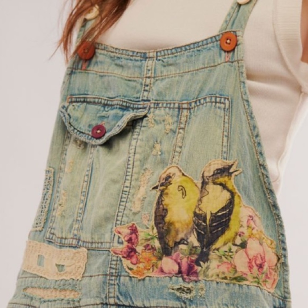 Magnolia Pearl/Free People Floral Appliqué Denim Overalls - Vintage - OS - NWT - Picture 6 of 16
